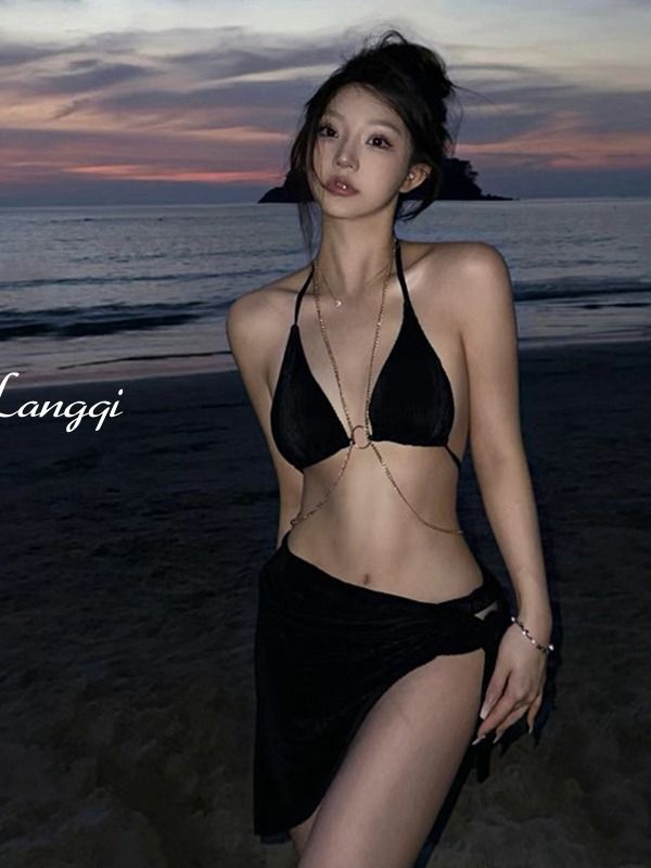 Black chain swimsuit, women's bikini three piece set, split back swimsuit, hot spring beach vacation, neck hanging, sexy