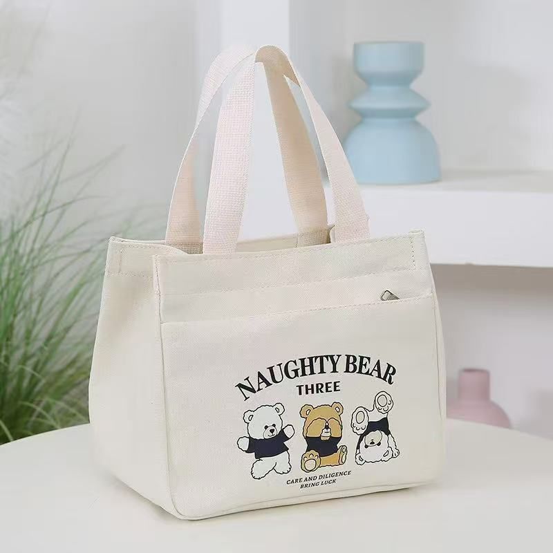 New Cartoon Japanese Cute Canvas Bag, Women's Treasure Mom Goes Out Handbag, Bento Box, Office Worker, Handbag, Women's Wholesale white AS PICTURE