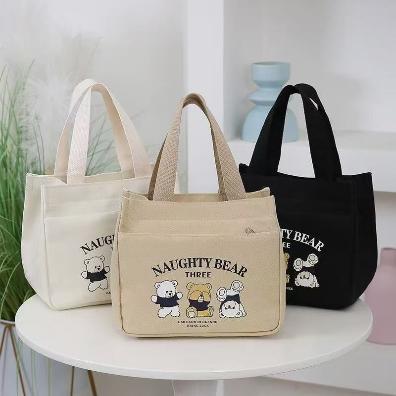New Cartoon Japanese Cute Canvas Bag, Women's Treasure Mom Goes Out Handbag, Bento Box, Office Worker, Handbag, Women's Wholesale white AS PICTURE