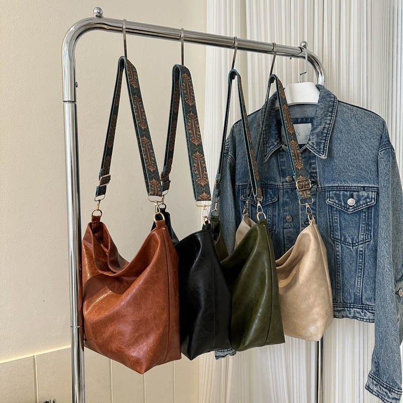 Large capacity bag for women in spring and summer 2025, retro broadband single shoulder crossbody bag, high-end texture commuting bucket bag Style_1 AS PICTURE