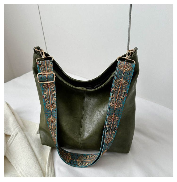 Large capacity bag for women in spring and summer 2025, retro broadband single shoulder crossbody bag, high-end texture commuting bucket bag Style_1 AS PICTURE