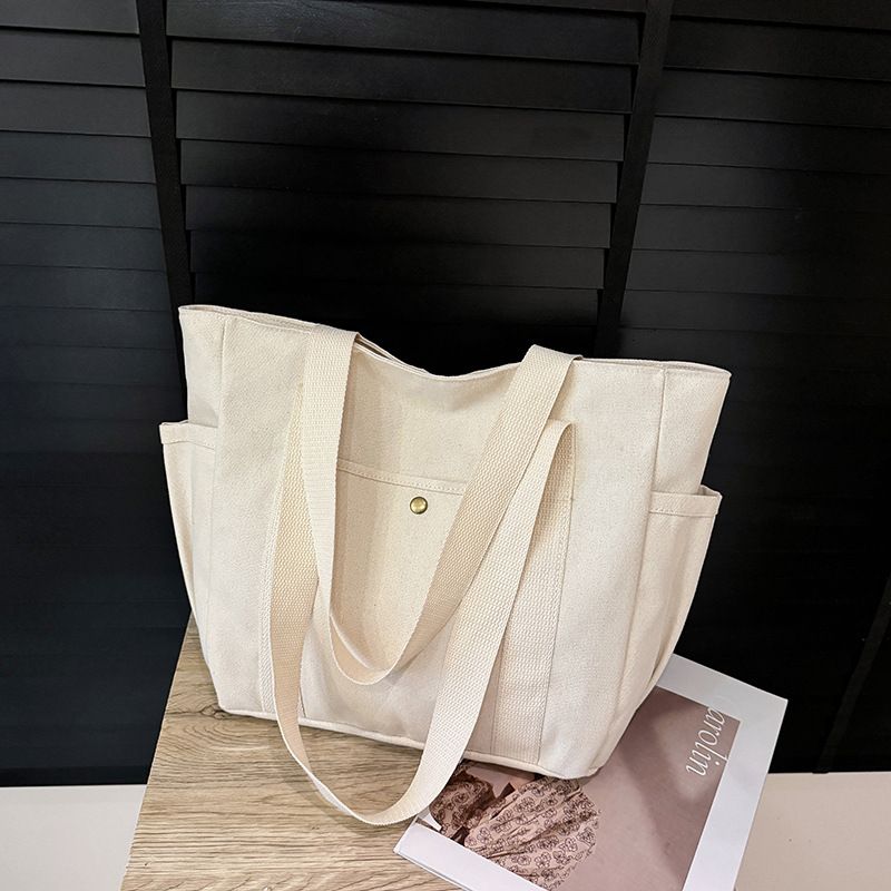 Canvas women's bag 2025 new handbag shoulder bag college versatile handbag large capacity commuting tote bag Style_1 Large beige style (without lining)
