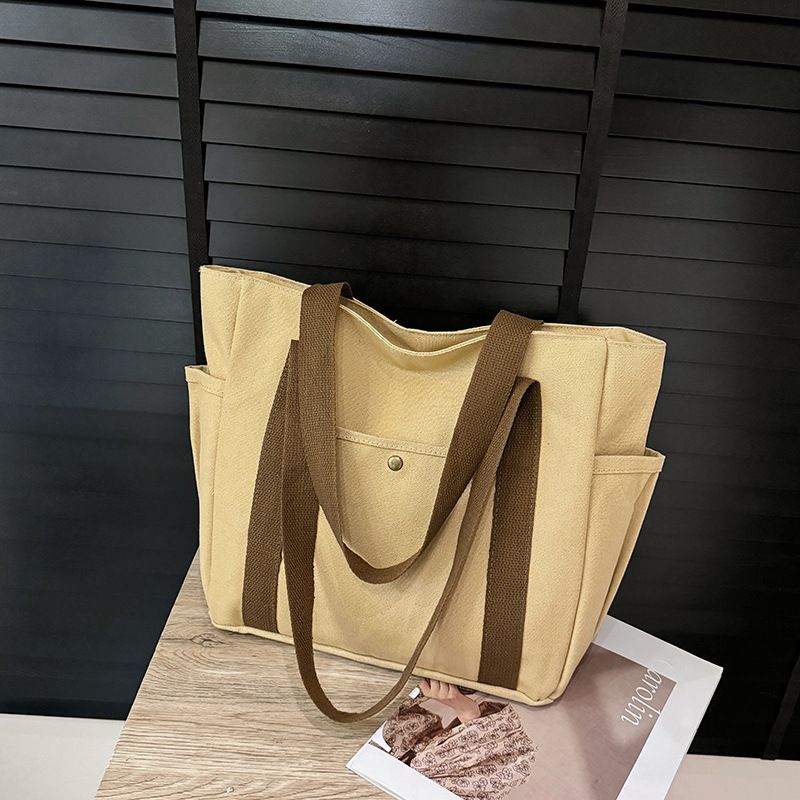 Canvas women's bag 2025 new handbag shoulder bag college versatile handbag large capacity commuting tote bag Style_1 Large beige style (without lining)