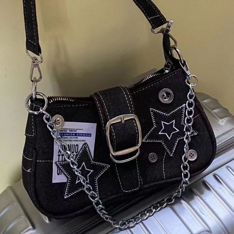 Y2k Millennium Star Cowboy Underarm Bag, Fashion Trend, Niche Design, Crescent Bag, Canvas Handbag, Chain Bag Style_1 25cm