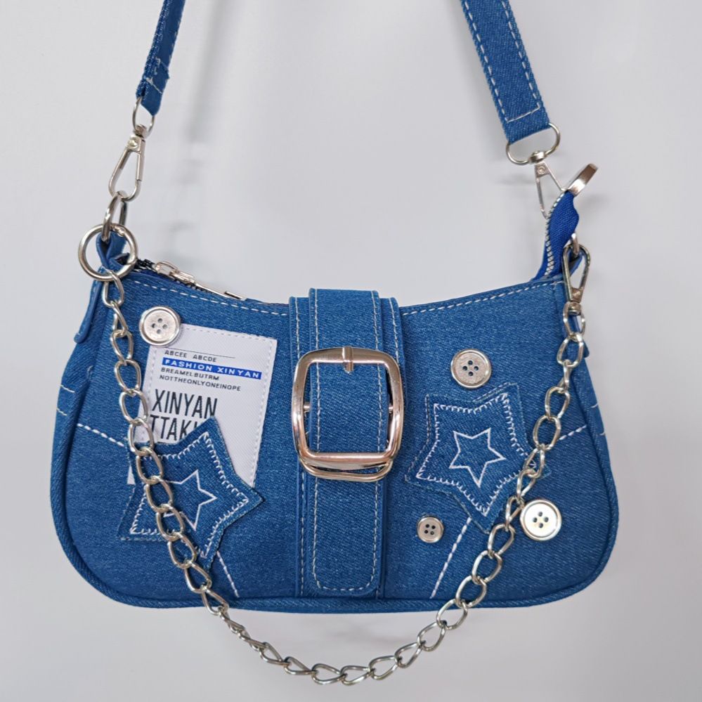 Y2k Millennium Star Cowboy Underarm Bag, Fashion Trend, Niche Design, Crescent Bag, Canvas Handbag, Chain Bag Style_1 25cm