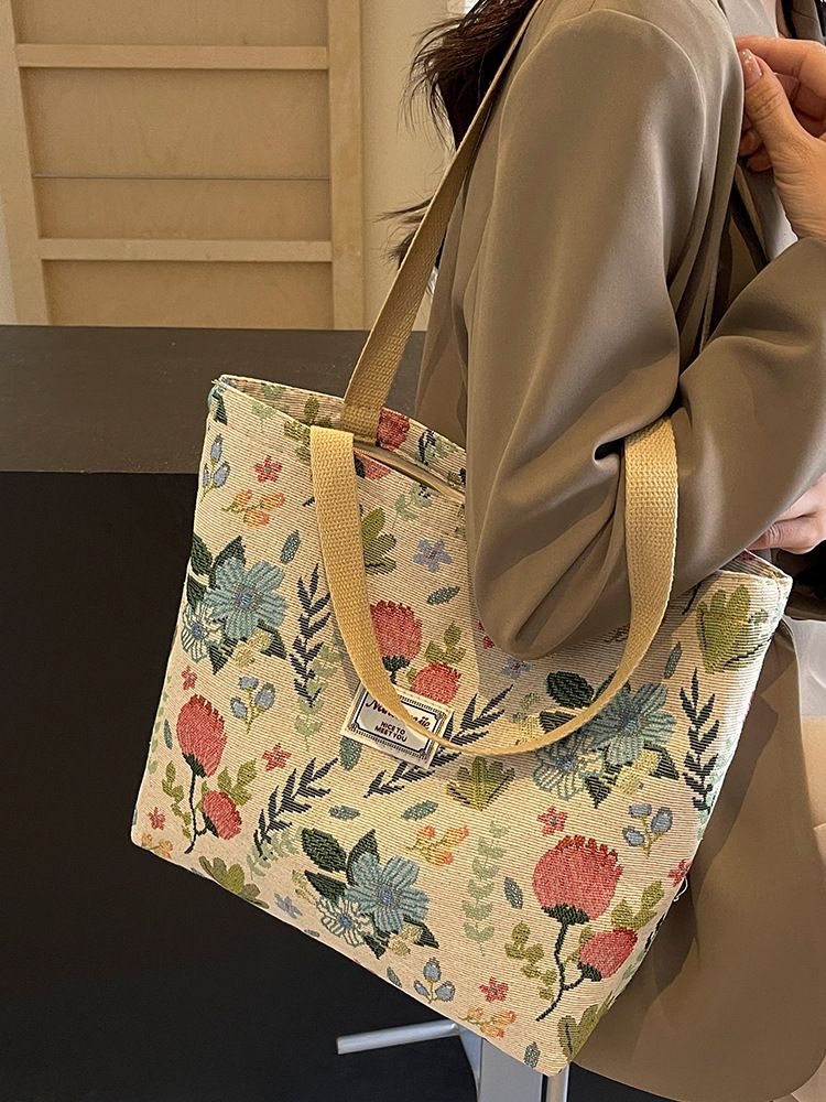 Large capacity national style canvas bag for women 2024 new commuting tote bag for women ins college student class shoulder bag Style_1 AS PICTURE