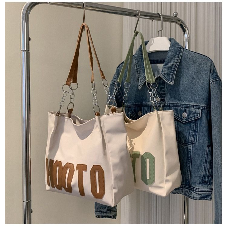 Foreign trade large capacity tote bag Korean version new simple letter chain shoulder bag retro commuting women's shopping bag brown AS PICTURE