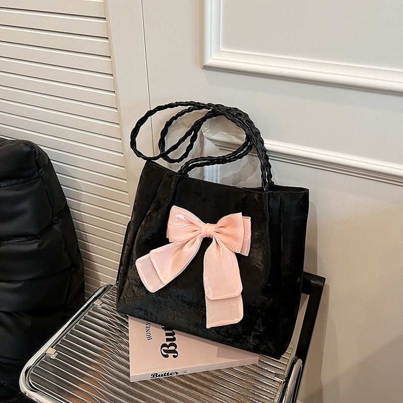 Female niche bag design butterfly bow contrasting single shoulder bag 2024 trendy versatile casual hand-held tote women's bag wholesale black AS PICTURE