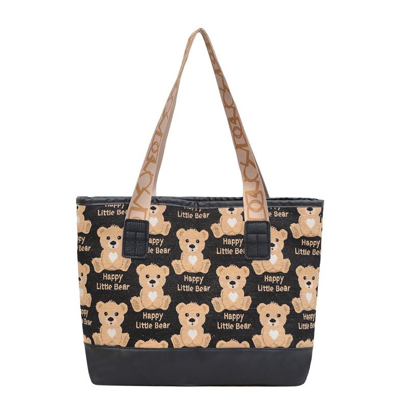Canvas bag for women 2022 new canvas printed teddy bear fashion trend, large capacity single shoulder casual tote bag black AS PICTURE