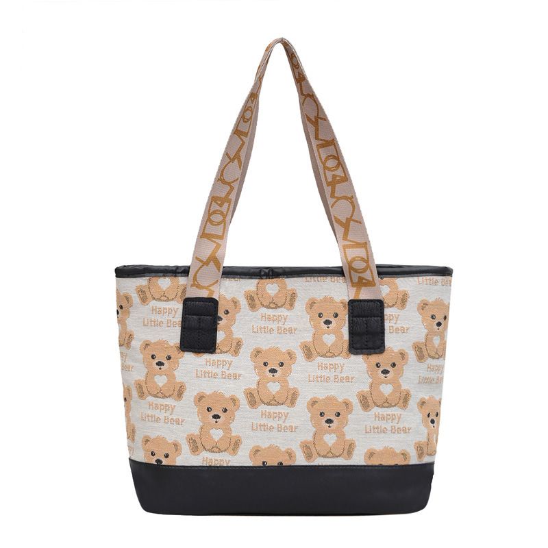 Canvas bag for women 2022 new canvas printed teddy bear fashion trend, large capacity single shoulder casual tote bag black AS PICTURE