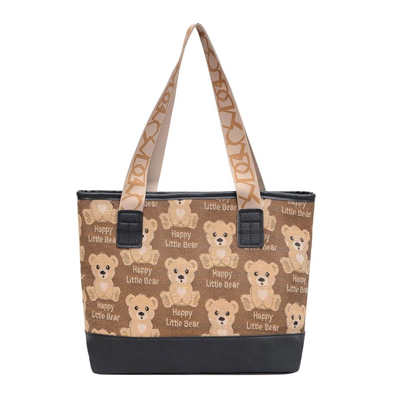 Canvas bag for women 2022 new canvas printed teddy bear fashion trend, large capacity single shoulder casual tote bag black AS PICTURE