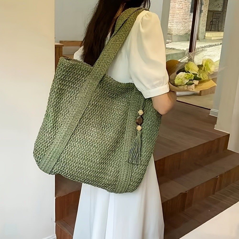New versatile grass woven bag for women's summer weaving bag, large capacity tote bag, shoulder bag, beach vacation bag beige Adhesive zipper