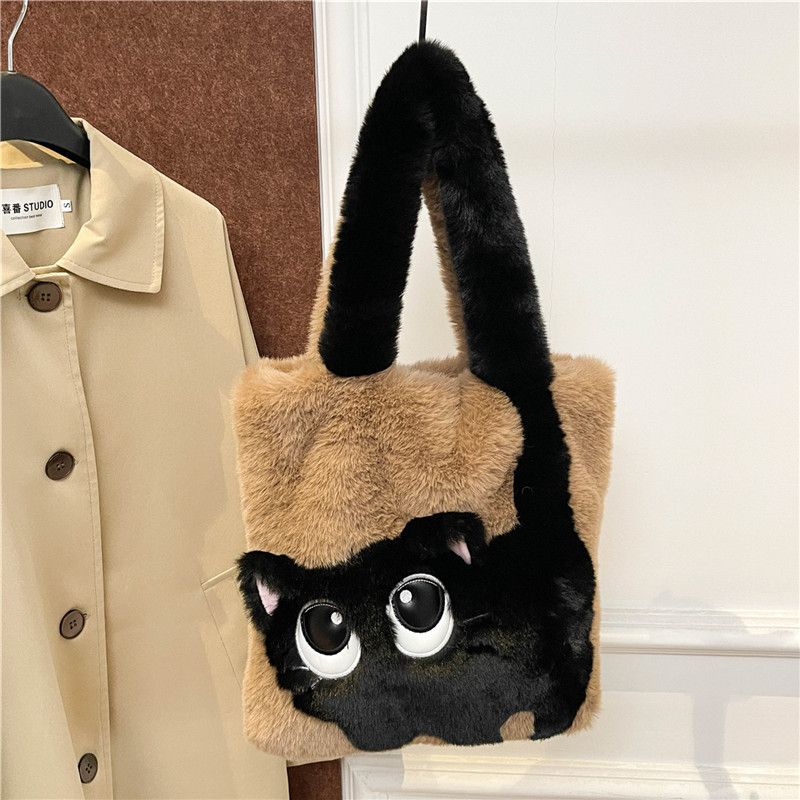 Creative Cat Cartoon Sweet Girl Plush Commuter Bag Autumn Fashion Handheld Single Shoulder Women's Bag Autumn/Winter Plush Bag grey AS PICTURE