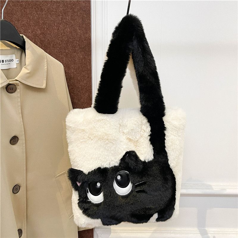 Creative Cat Cartoon Sweet Girl Plush Commuter Bag Autumn Fashion Handheld Single Shoulder Women's Bag Autumn/Winter Plush Bag grey AS PICTURE