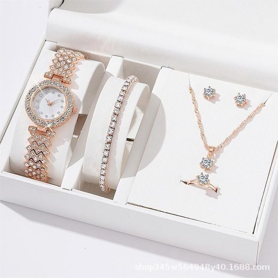Woman 5pcs/set Quartz Watch Necklace Earrings Bracelet Ring Accessories Set Combination Watch White One Size Silver Picture