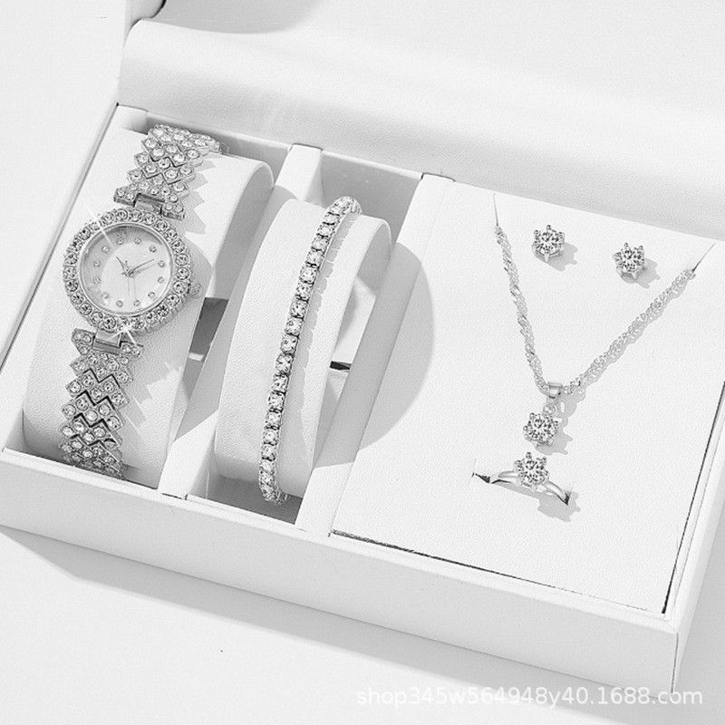Woman 5pcs/set Quartz Watch Necklace Earrings Bracelet Ring Accessories Set Combination Watch White One Size Silver Picture