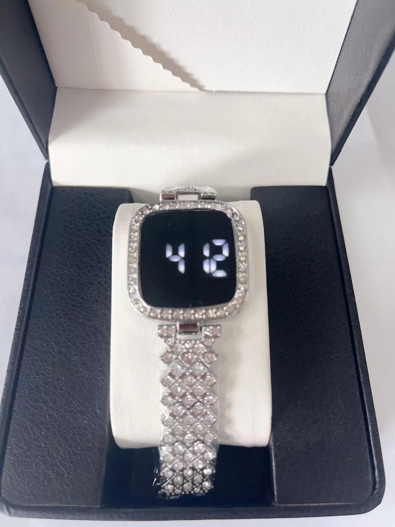 Foreign trade square small fragrant style diamond inlaid LED watch manufacturer wholesale spot alloy strap touch women's watch fashion Style_1 Silver white diamond white light