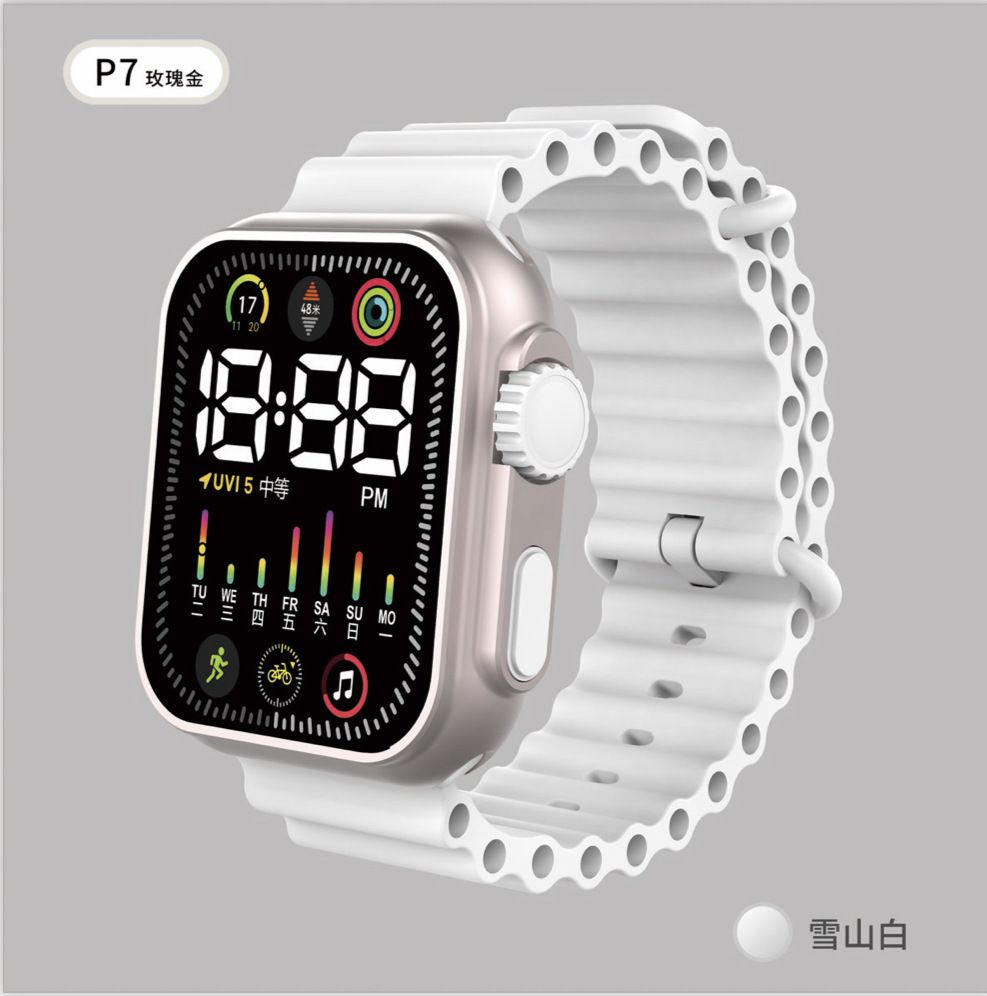 Cross border exclusive electroplated Korean version LED student electronic watch with square buttons and colorful lights for men and women, couple sports watch white AS PICTURE