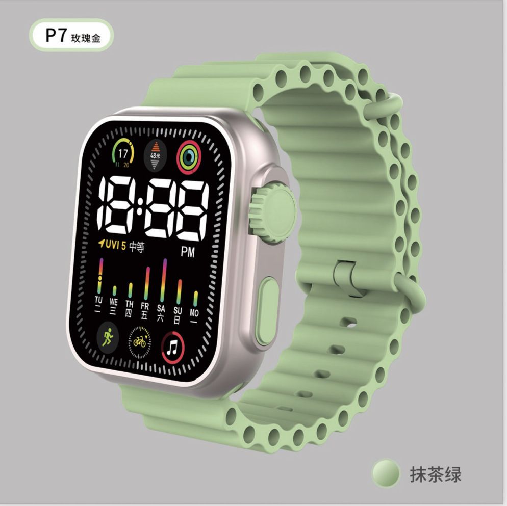 Cross border exclusive electroplated Korean version LED student electronic watch with square buttons and colorful lights for men and women, couple sports watch white AS PICTURE