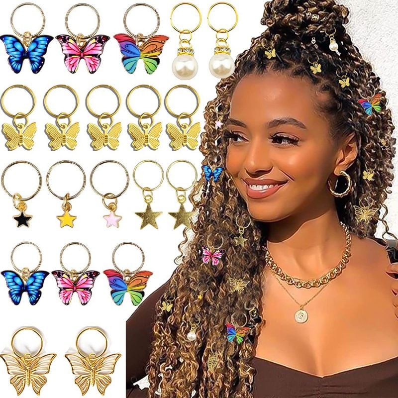 20 Pieces Golden Butterfly Crystal Long Hair Lock Color Pendant Pearl Hair Ornament Star Woven Clip Cuff European and American Style 20pcs Size