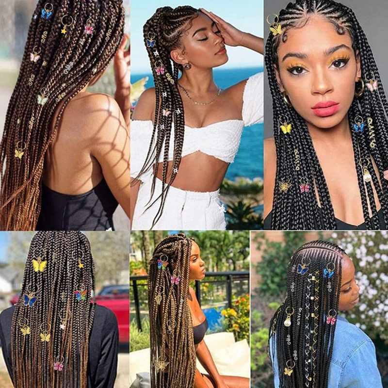 20 pieces of golden butterfly crystal long hair lock color pendant pearl hair accessory star woven clip cuffs European and American style Dirty Braid Set AS PICTURE