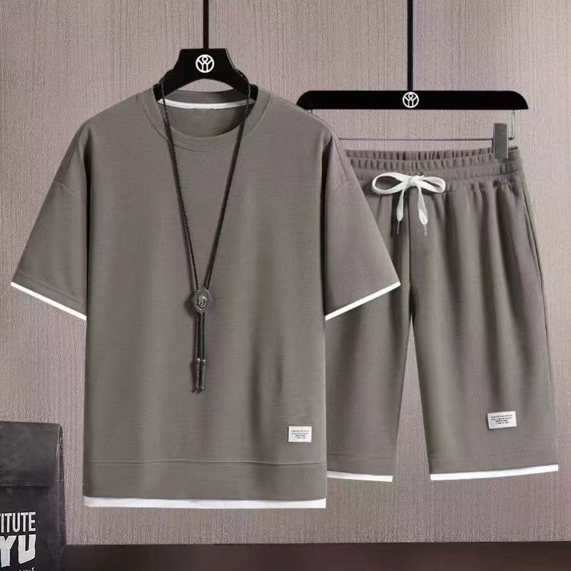 Foreign trade men's sportswear set, waffle style set, summer short sleeved T-shirt+shorts 2-piece set, sportswear set Style_1 M height 165cm