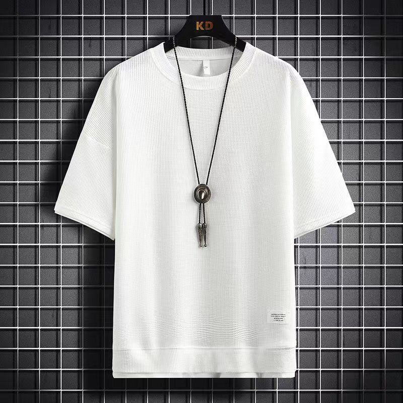 Foreign trade men's sportswear set, waffle style set, summer short sleeved T-shirt+shorts 2-piece set, sportswear set Style_1 M height 165cm