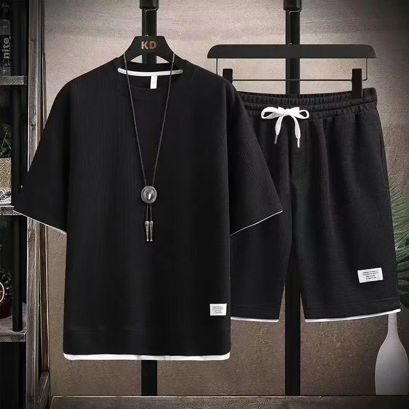 Foreign trade men's sportswear set, waffle style set, summer short sleeved T-shirt+shorts 2-piece set, sportswear set Style_1 M height 165cm