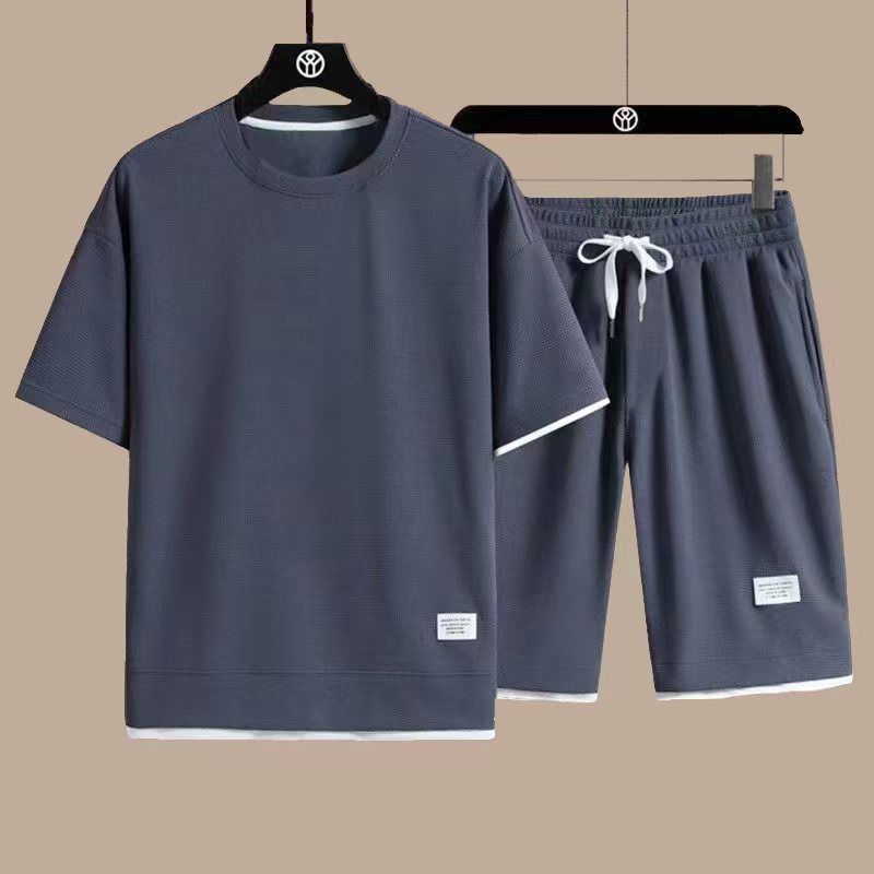 Foreign trade men's sportswear set, waffle style set, summer short sleeved T-shirt+shorts 2-piece set, sportswear set Style_1 M height 165cm