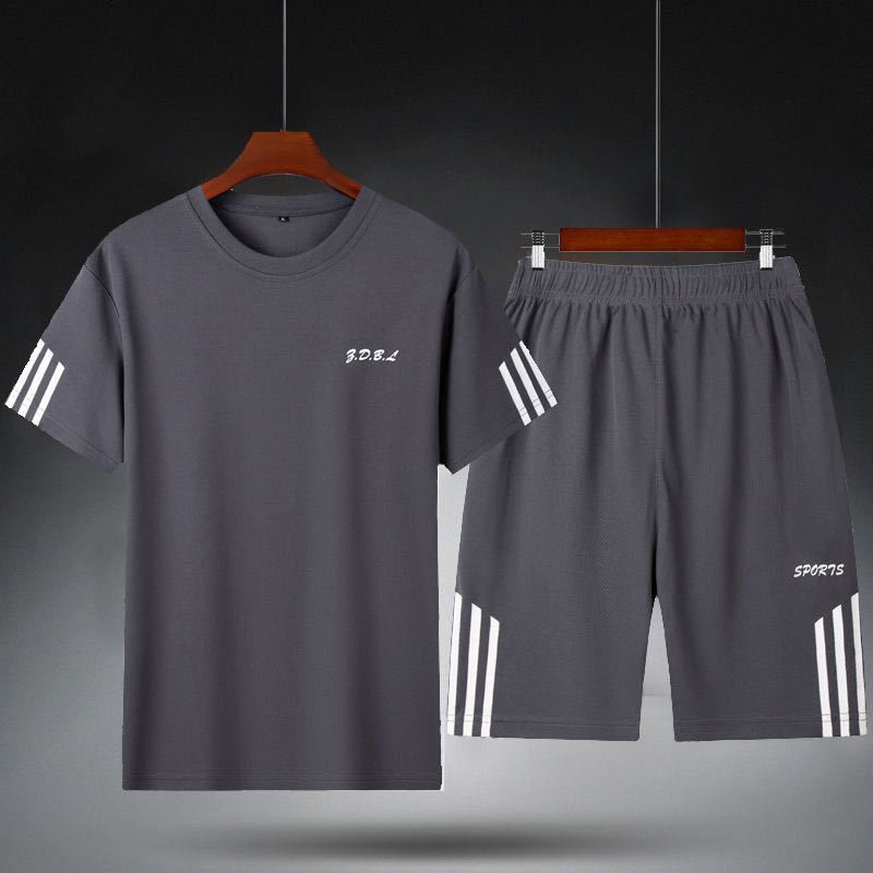 Sports suit men's fitness sweatshirt summer short sleeved T-shirt loose quick drying clothes basketball training running shorts Style_1 L [90-120 pounds]
