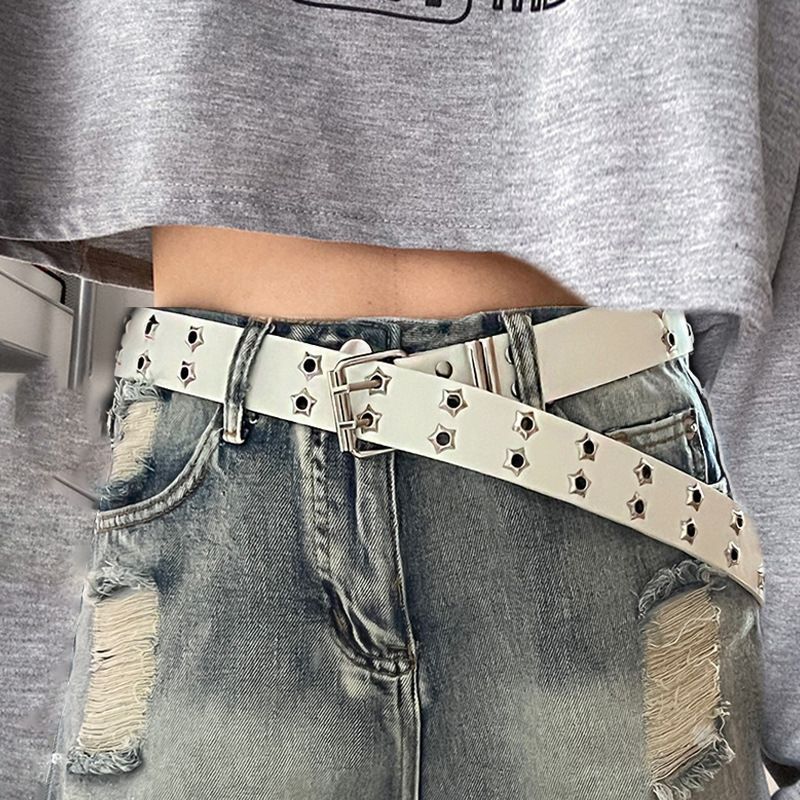 Star porous American wide waistband for women and men 2024 new jeans with a niche design y2k white belt black 100cm