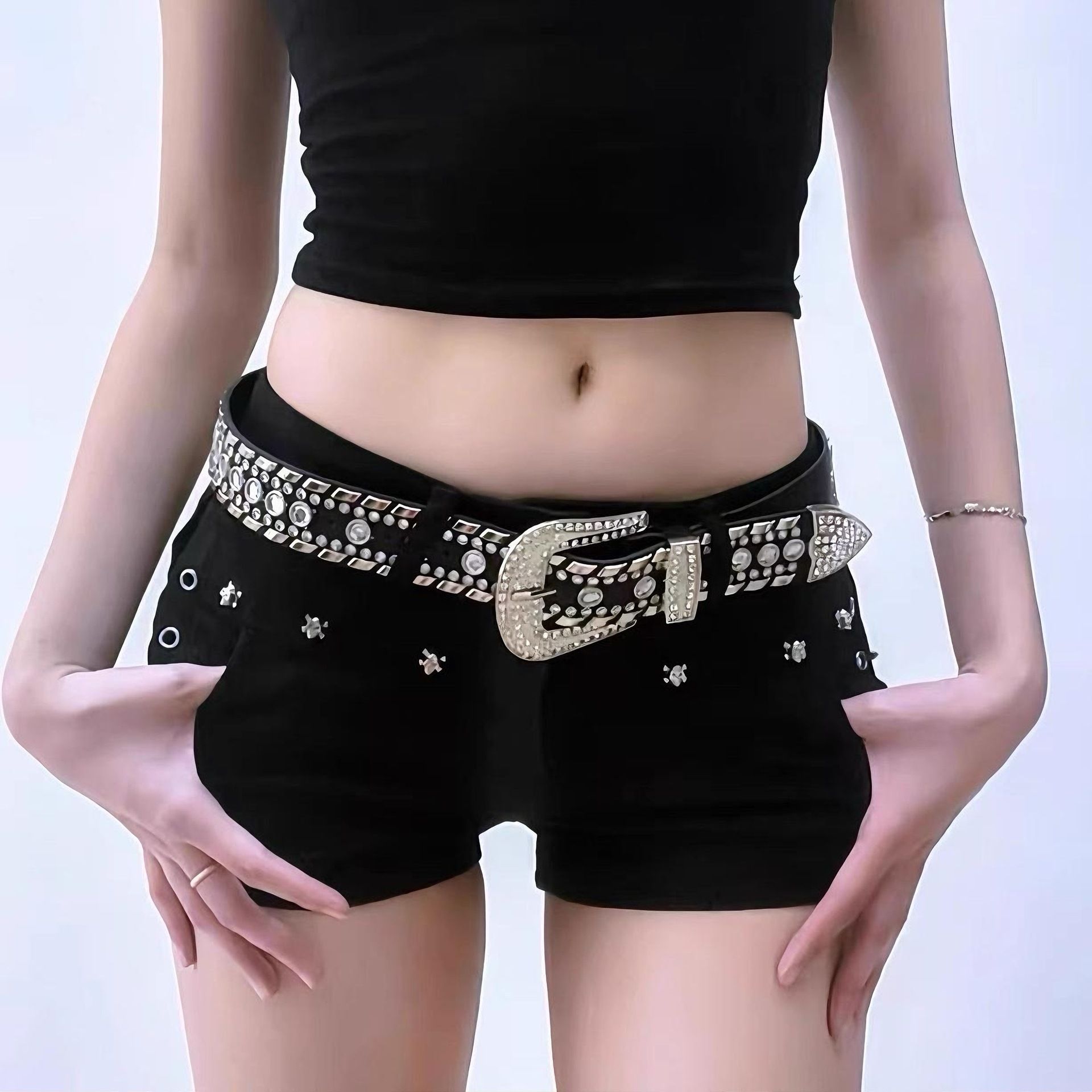 Diamond Belt y2k Spicy Girl Belt Black Punk Pants Accessories Rivet Diamond American White Wide High Street Female Style_1 AS PICTURE