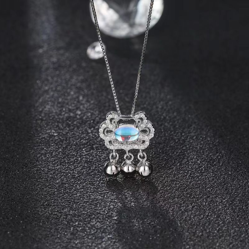 925 Silver Plated Safe Bell Crystal Pendant Blue Moonlight Stone Ruyi Safe Long Life Lock Short Necklace for Women Pendant+Chain AS PICTURE