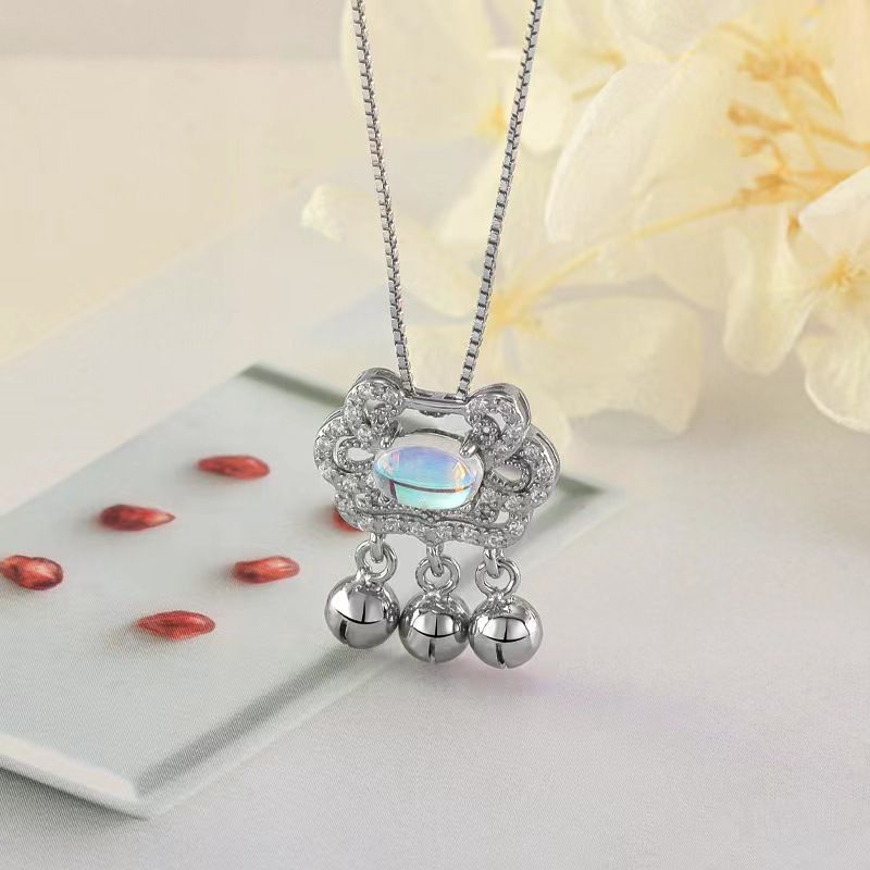 925 Silver Plated Safe Bell Crystal Pendant Blue Moonlight Stone Ruyi Safe Long Life Lock Short Necklace for Women Pendant+Chain AS PICTURE