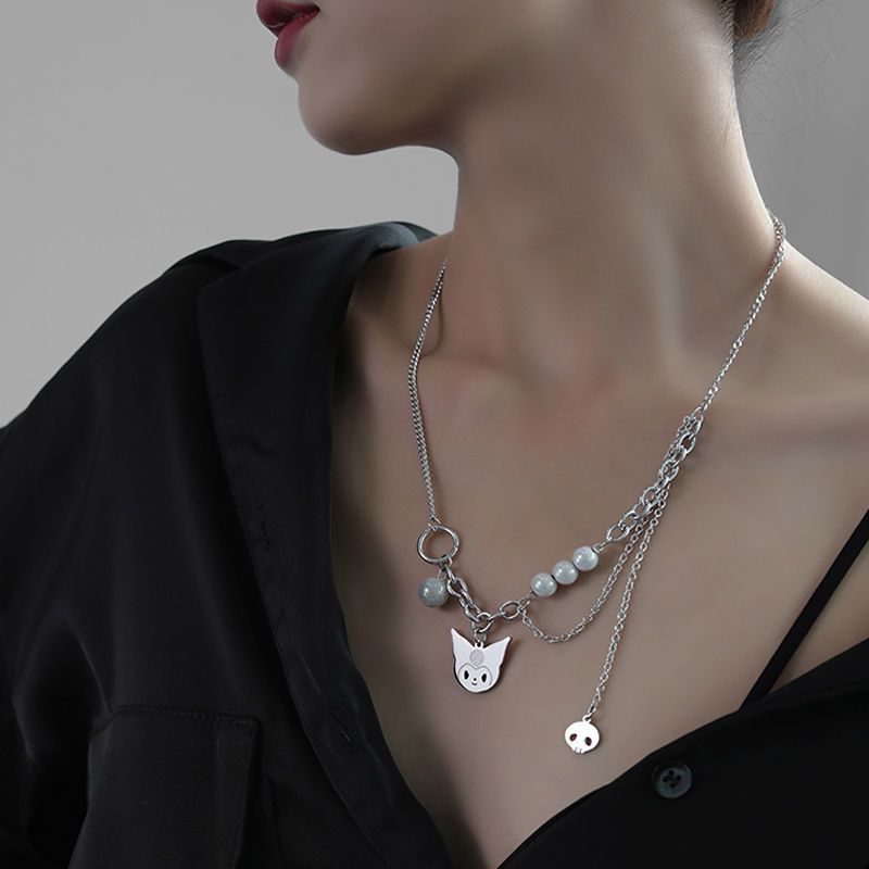 Kuromi cat reflective pearl patchwork necklace for women's summer and autumn styles, light luxury multi-layer necklace, hip-hop niche sweatshirt chain Style_1 AS PICTURE