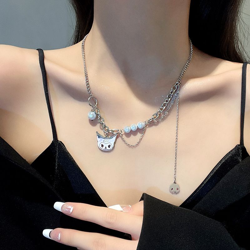 Kuromi cat reflective pearl patchwork necklace for women's summer and autumn styles, light luxury multi-layer necklace, hip-hop niche sweatshirt chain Style_1 AS PICTURE