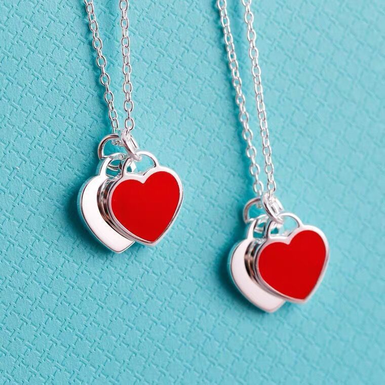 Yibaijia T Home Love Necklace for Women 925 Pure Silver Red Heart Oil Dripping Enamel Blue Collarbone Chain Double Heart Pendant Style_1 AS PICTURE