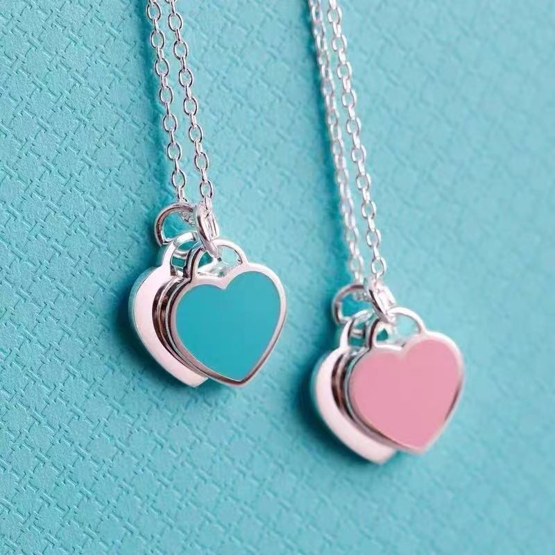 Yibaijia T Home Love Necklace for Women 925 Pure Silver Red Heart Oil Dripping Enamel Blue Collarbone Chain Double Heart Pendant Style_1 AS PICTURE