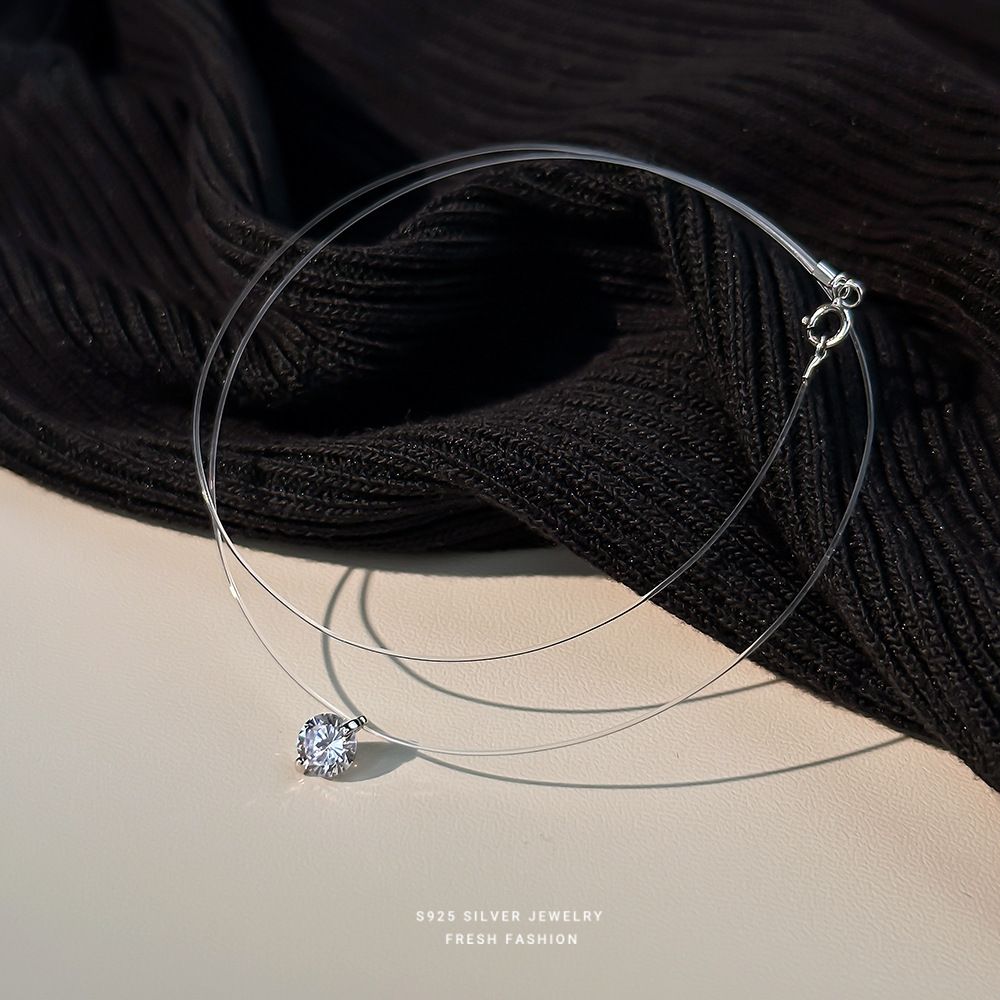 S925 sterling silver mermaid tears moissanite necklace for girls, exquisite zircon invisible fishing line, niche and versatile collarbone chain Style_1 925 silver