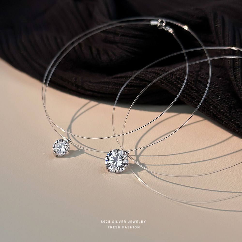 S925 sterling silver mermaid tears moissanite necklace for girls, exquisite zircon invisible fishing line, niche and versatile collarbone chain Style_1 925 silver
