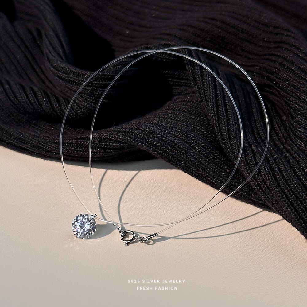 S925 sterling silver mermaid tears moissanite necklace for girls, exquisite zircon invisible fishing line, niche and versatile collarbone chain Style_1 925 silver