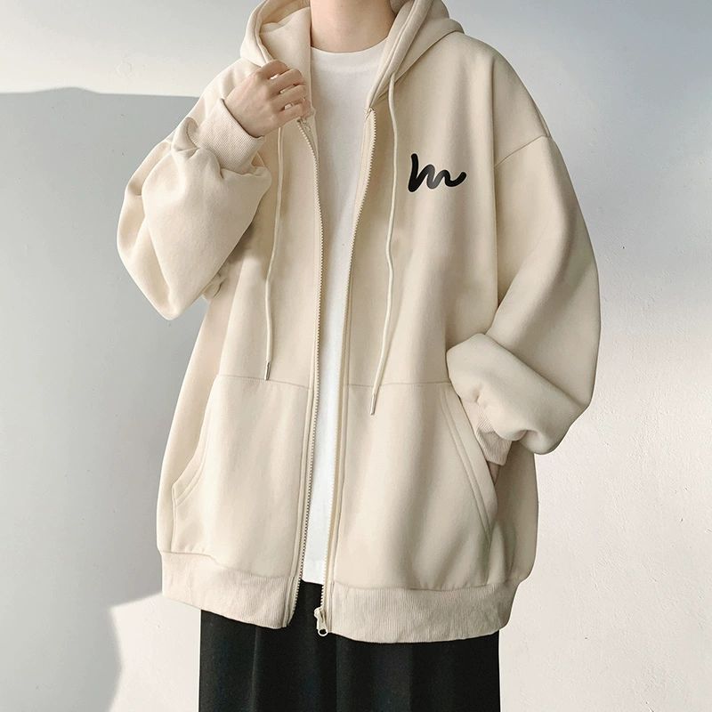 Creative American heavy weight student cardigan sweater men's autumn and winter new hooded jacket coat loose trend simple