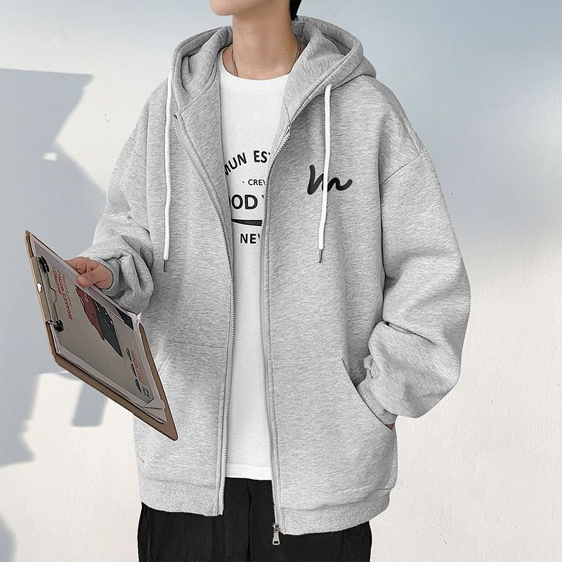 Creative American heavy weight student cardigan sweater men's autumn and winter new hooded jacket coat loose trend simple