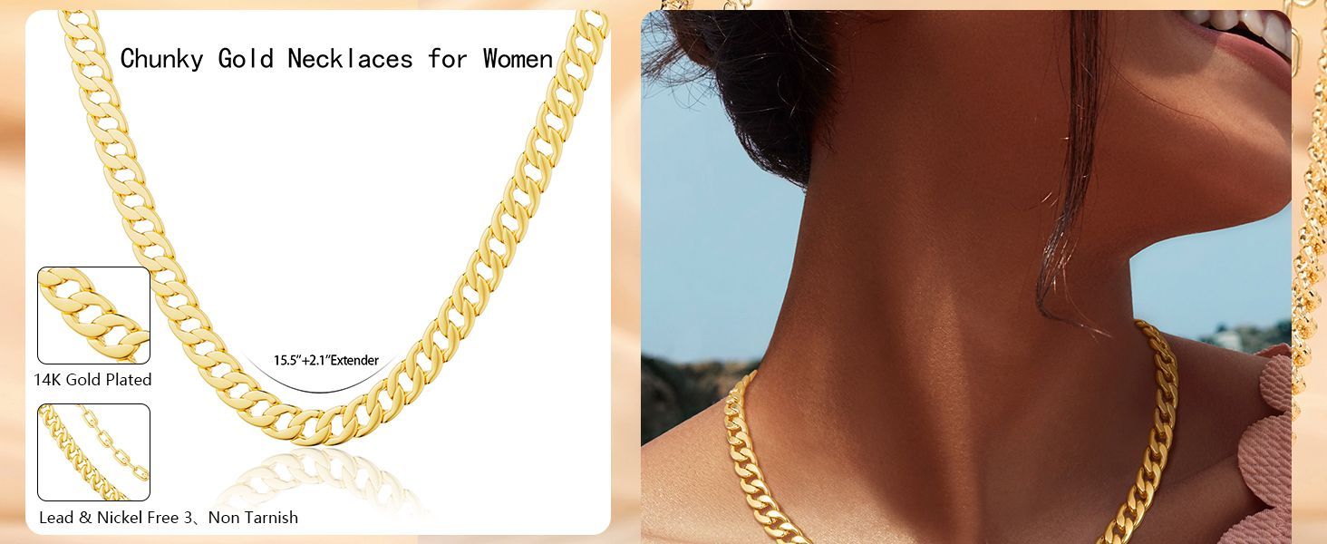 Gold Necklace for Women 14K Dainty Chunky Gold/Sliver Chain Necklace Cuban Link Paperclip Chain Choker Toggle Clasp Layered Pearl Pendent Necklace for Women Trendy Fashion Jewelry gold as picture