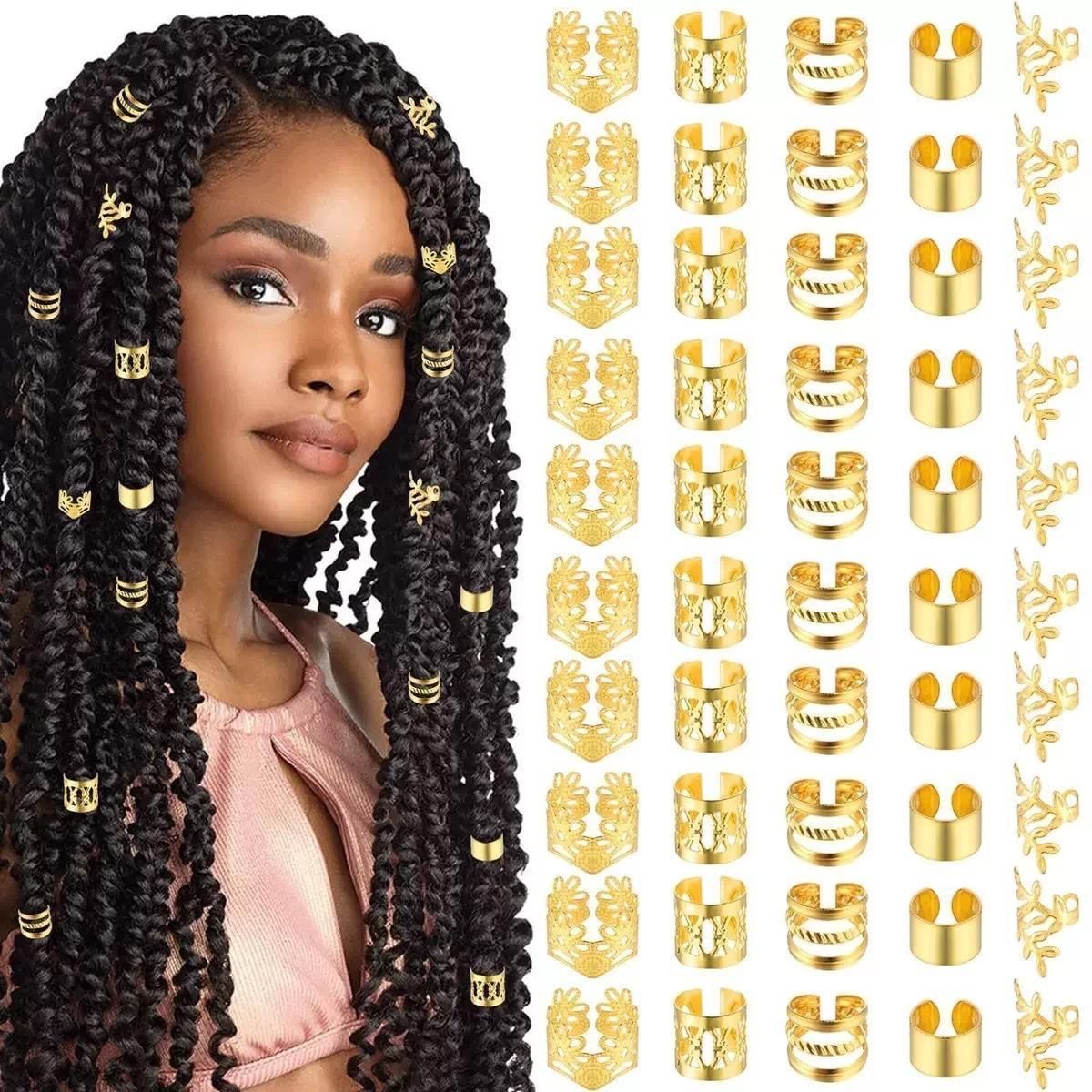 50 pieces of golden Dreadlock Locs hair accessories, suitable for women and girls' braid hair rings, adjustable cuff braided hair ring decoration gold as picture