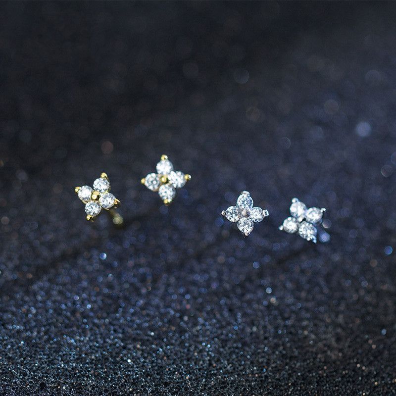 Hypoallergenic 925 Sterling Silver Stud Earrings | S925 sterling silver earrings | Flower set diamond versatile | Four leaf zircon earrings