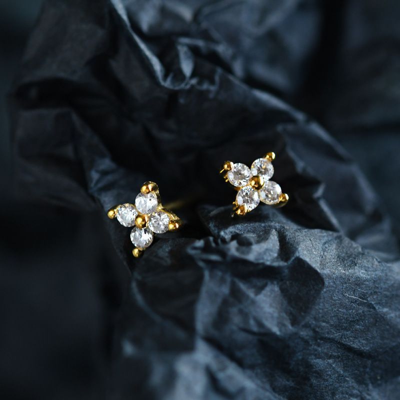 Hypoallergenic 925 Sterling Silver Stud Earrings | S925 sterling silver earrings | Flower set diamond versatile | Four leaf zircon earrings