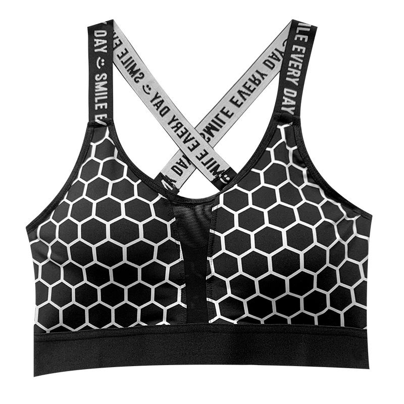 Cross border wholesale camouflage sports underwear, running, fitness, shock-absorbing letter band, cross back beauty, no steel ring, yoga bra black XL