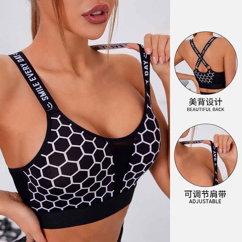 Cross border wholesale camouflage sports underwear, running, fitness, shock-absorbing letter band, cross back beauty, no steel ring, yoga bra black XL