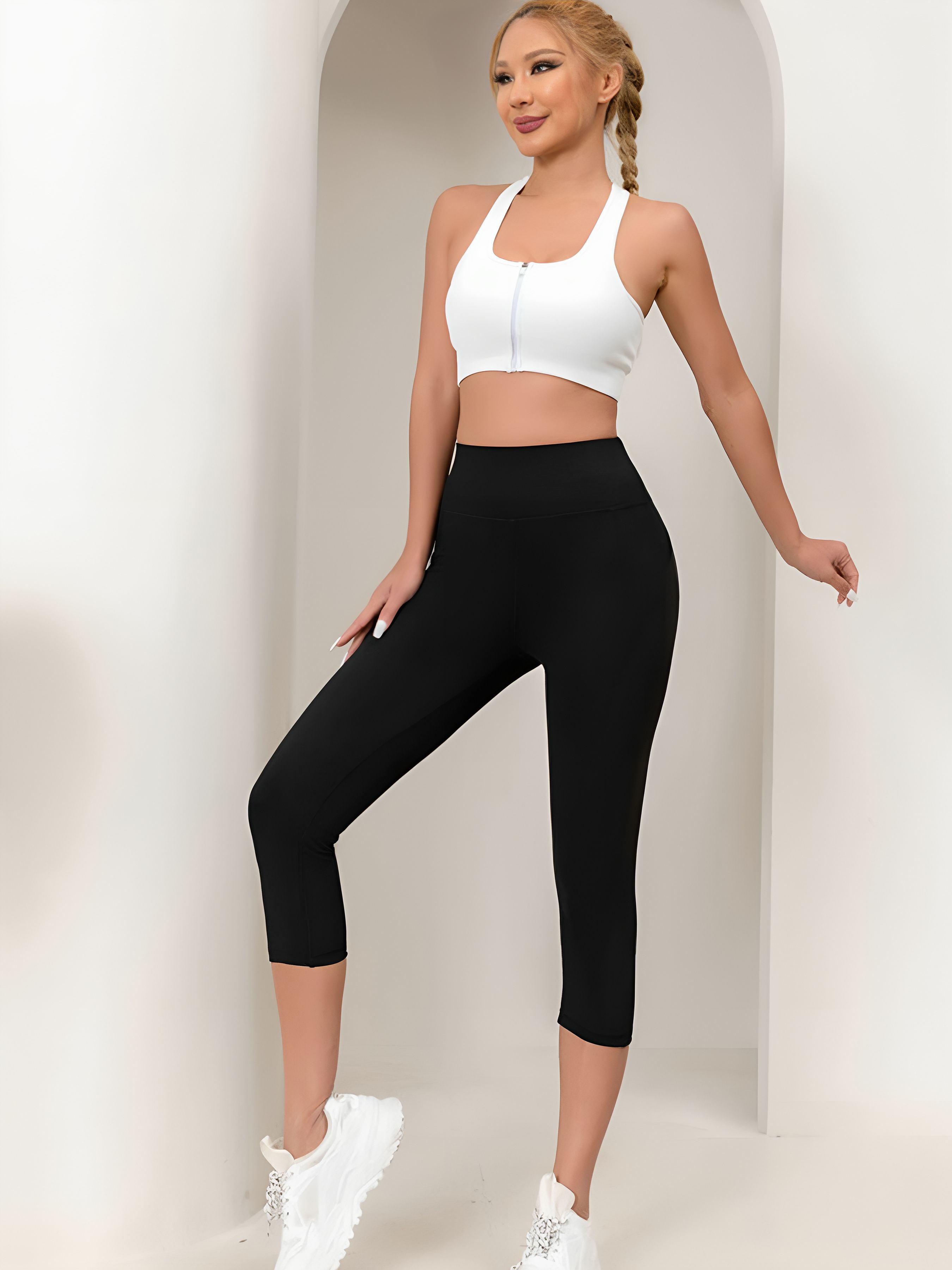 FBMWomen's high-waisted stretch leggings, nude yoga pants, running, sports, fitness, cropped pants Black S